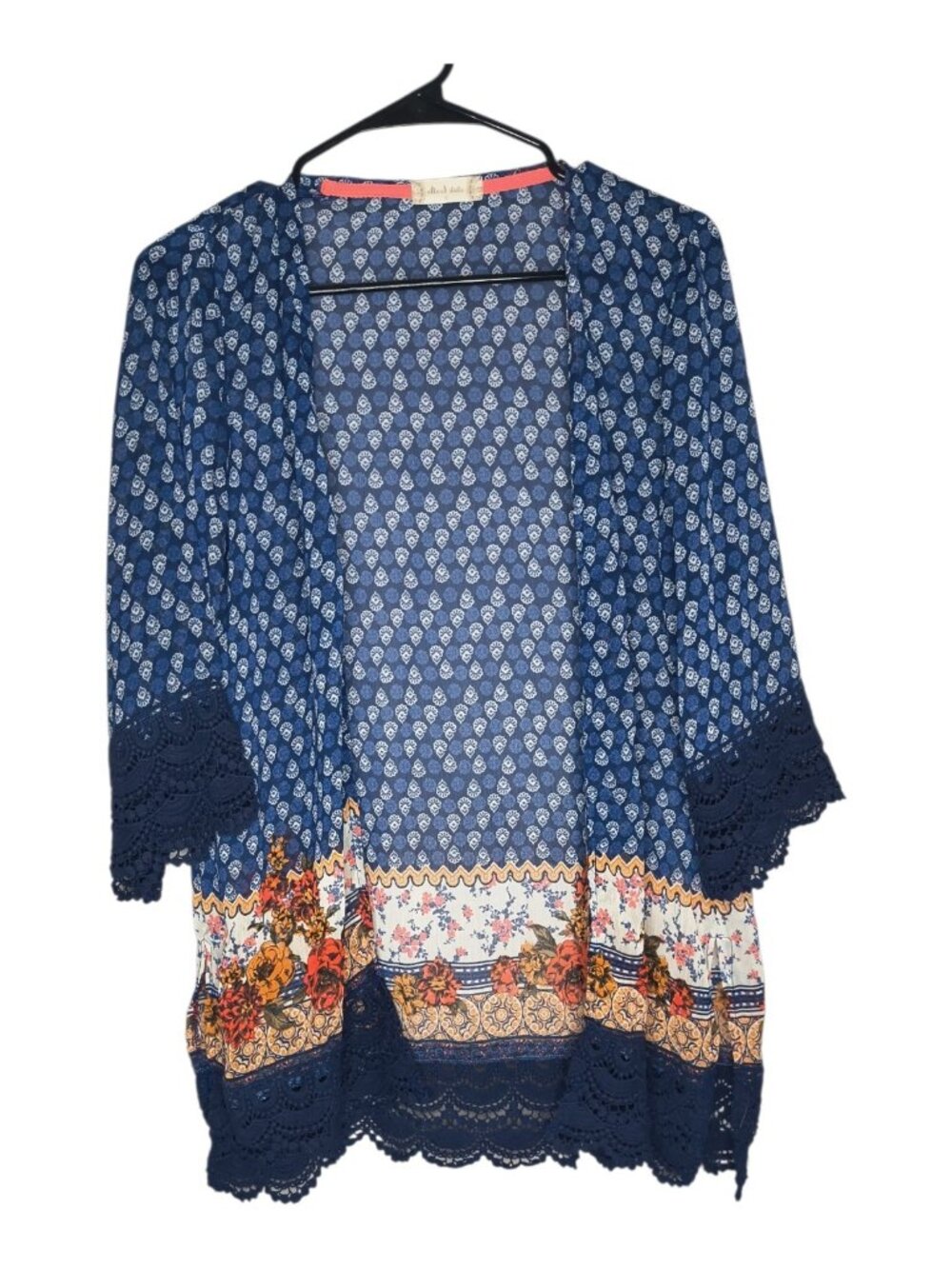 Alter'd State Bohemian Open Front Cardigan Intricate Paisley Print Lace Trim Sma